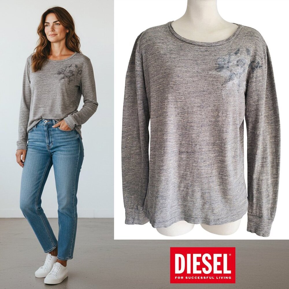 DIESEL Long Sleeve Tee Shirt 100% Cotton Warm Gray Grunge Slub Texture Size S